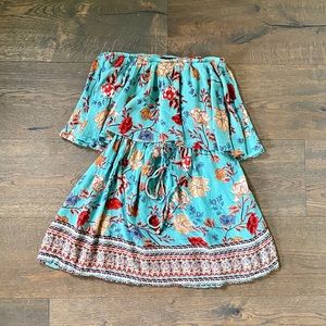 Boho-Chic Teal Floral Strapless Dress